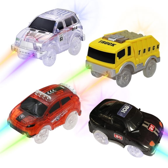 Tracks Cars Only Replacement, Flex Track Race cars for Magic Tracks Glow in the Dark, LED Lights Up Battery Operated Snap N Glow Trax cars Accessories, Compatible with Most Car Tracks  (4pack