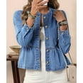 thumbnail image 5 of Women'S Peplum Denim Jackets Collarless Round Neck Button Down Cropped Ruffle Hem Jacket Blue XL, 5 of 8