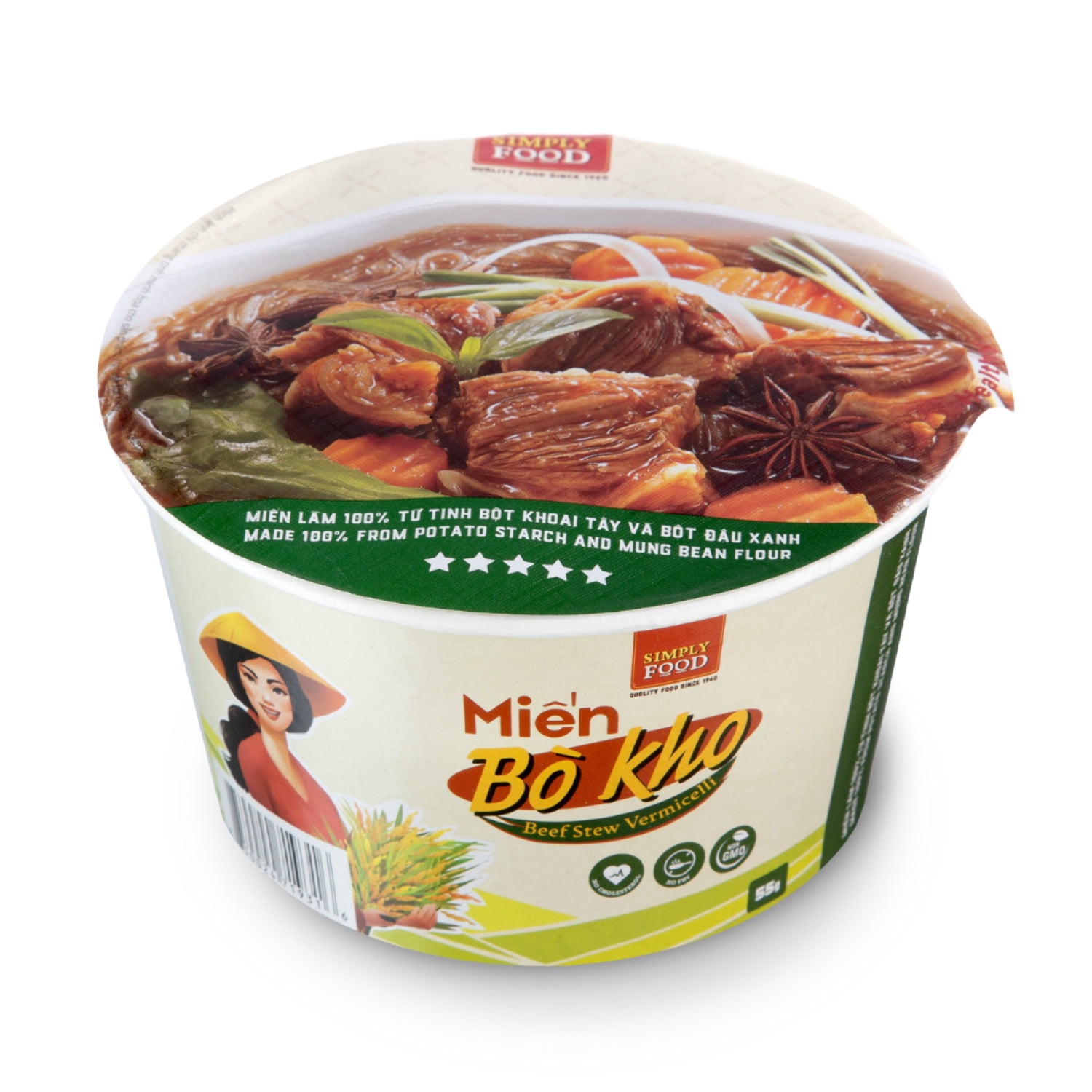 Instant Beef Stew Glass Noodle (9 Bowls/Box): $1.99 per Bowl (55g), Fork Included by Simply Food