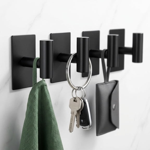 4-Pack Heavy Duty Adhesive Wall Hooks, Waterproof Stainless Steel Towel Holder, No-Drill Hanger for Bathroom Kitchen Closet Coat, Matte Black.