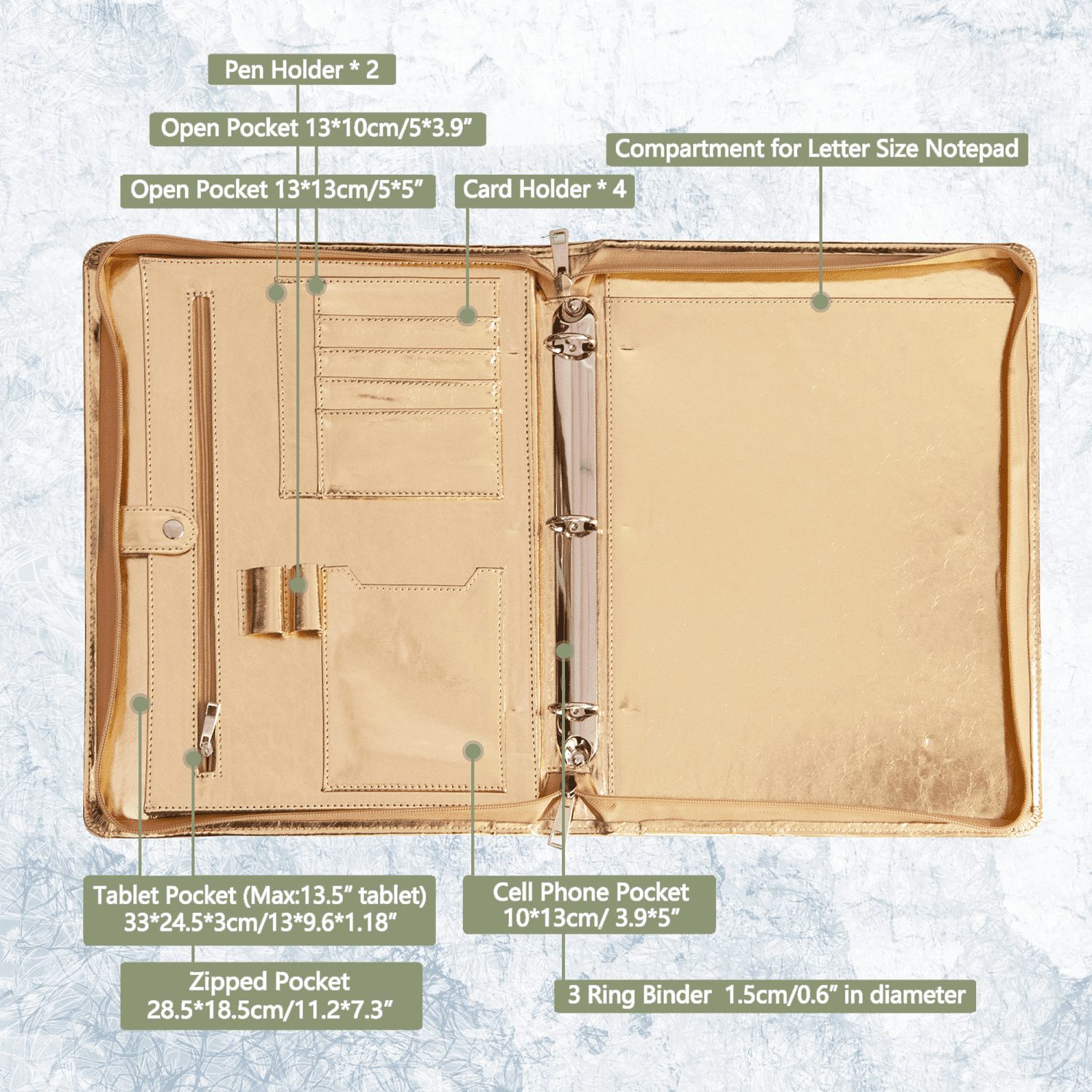 Spotlight Golden Portfolio 3 Ring Binder, Vegan Leather Portfolio Binder with Zipper, Business Padfolio Organizer Notepad Holder,Folder with Tablet Sleeve for ipad Pro 13 MacBook