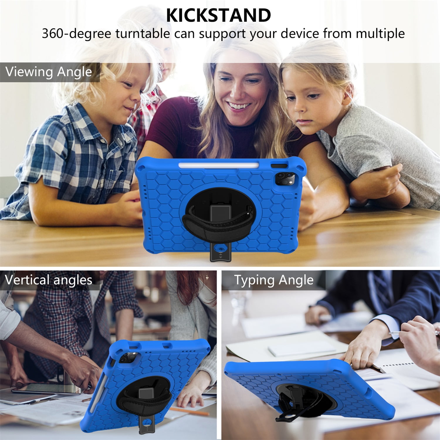 SaniMore for iPad 10th Generation 10.9" 2022 Case with 360° Rotatable Hand Strap, EVA & PC Case with Pencil Holder & Shoulder Strap Multi-Angle Kickstand Shockproof Protective Case, Blue+Black