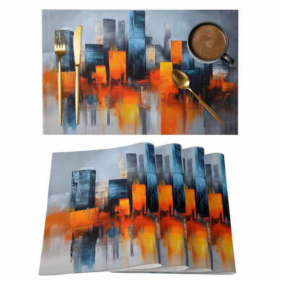 Blue Burnt Orange Placemats Set of 4,Cotton Linen Fabric Place Mats,Modern Oil Painting Geometric Abstract Washable Decorative Table Mats Protector for Home Kitchen Dining Wedding Party Coffee Tables