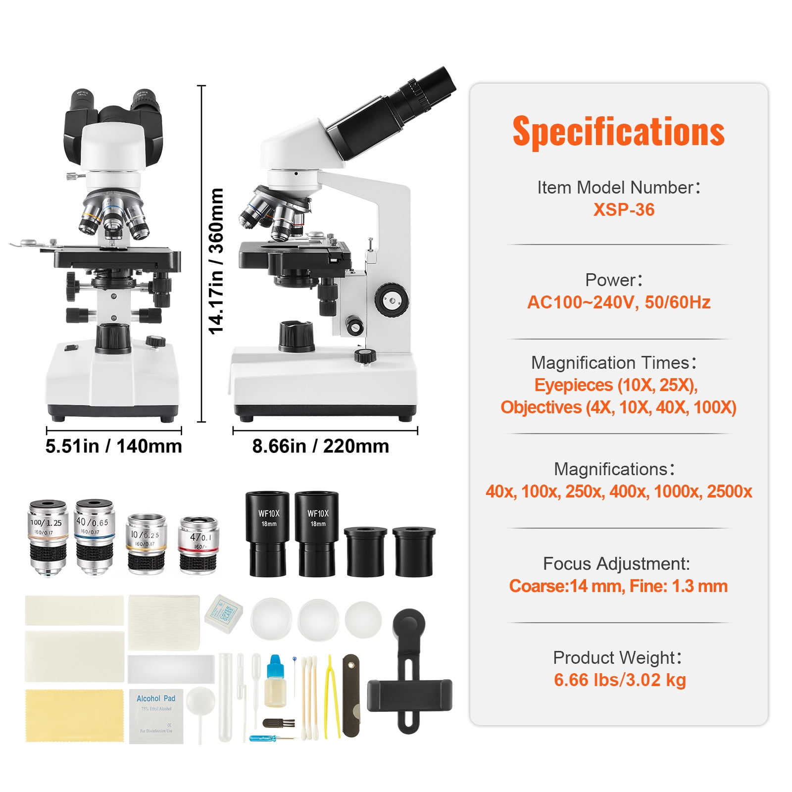 KFFKFF Dual-View Compound Microscope, Magnification Range 40X-2500X, LED-Lit Laboratory Microscope with Dual Layer Stage, Comes with Smartphone Mount & Slide Set