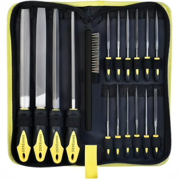 DEKEones Metal File Set, Large Flat File/Half-Round File/Triangle File/Round File and 12 pcs Needle Files with Storage Bag and Steel Brush for Shaping Metal Wood Plastic Leather