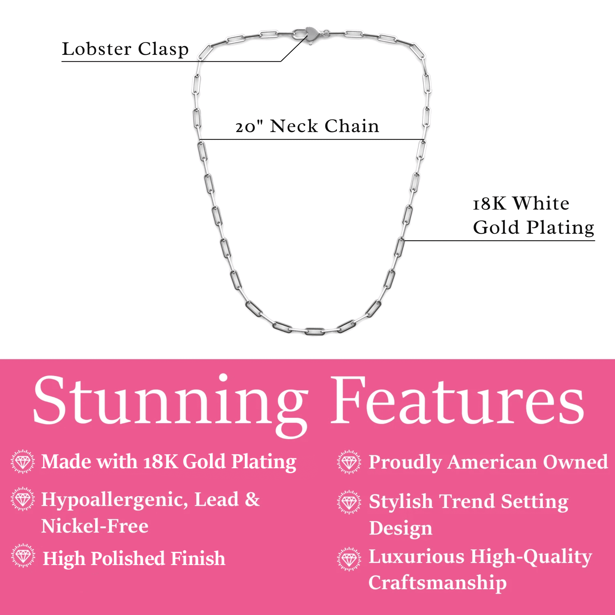 Cate & Chloe Tammy 18k White Gold Plated Paperclip Chain Necklace, Gift for Women