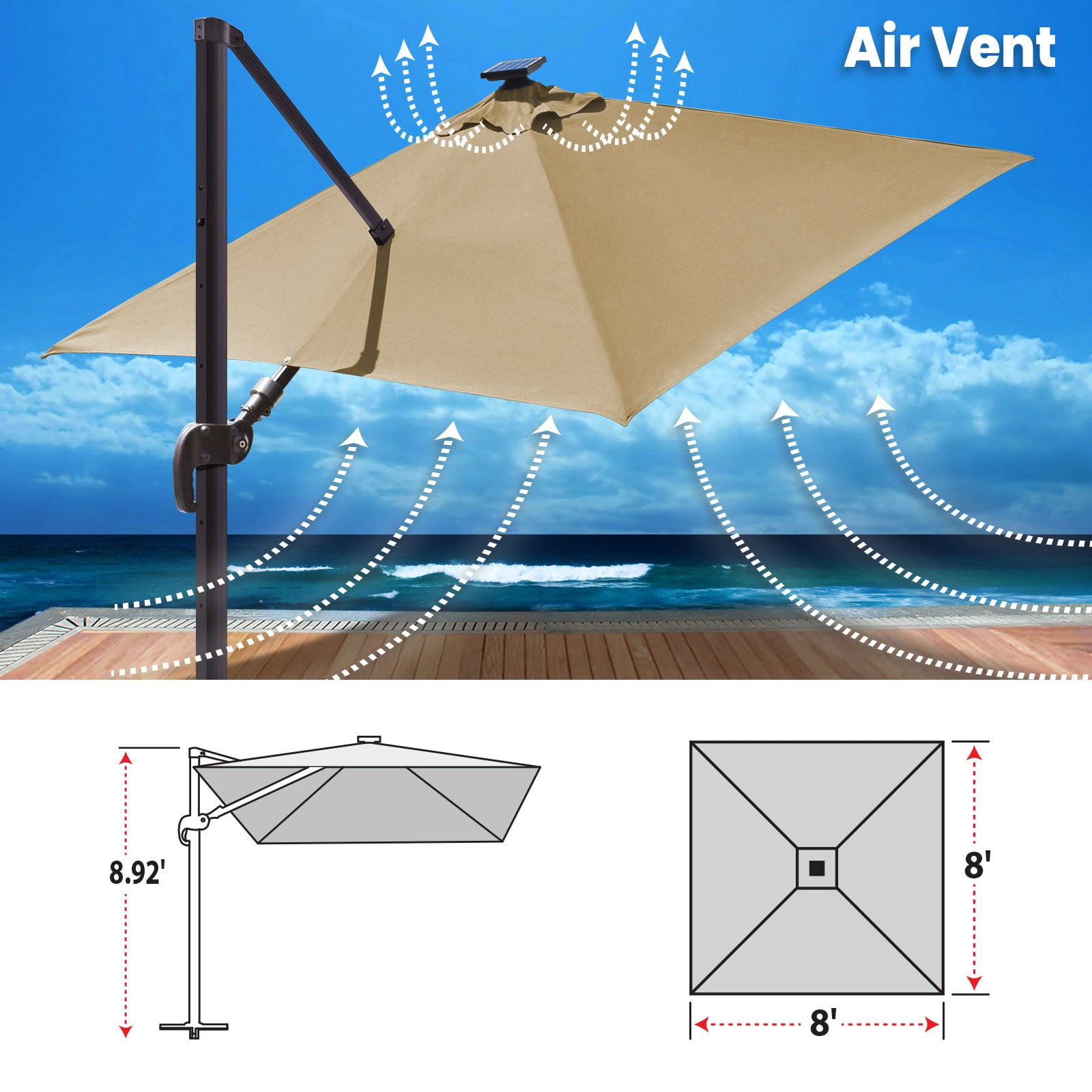 SUNNYOUTDOOR 8'x8' Sunbrella Cover Umbrella Deluxe Cantilever Umbrella Outdoor Garden Patio Umbrella (Heather Beige)