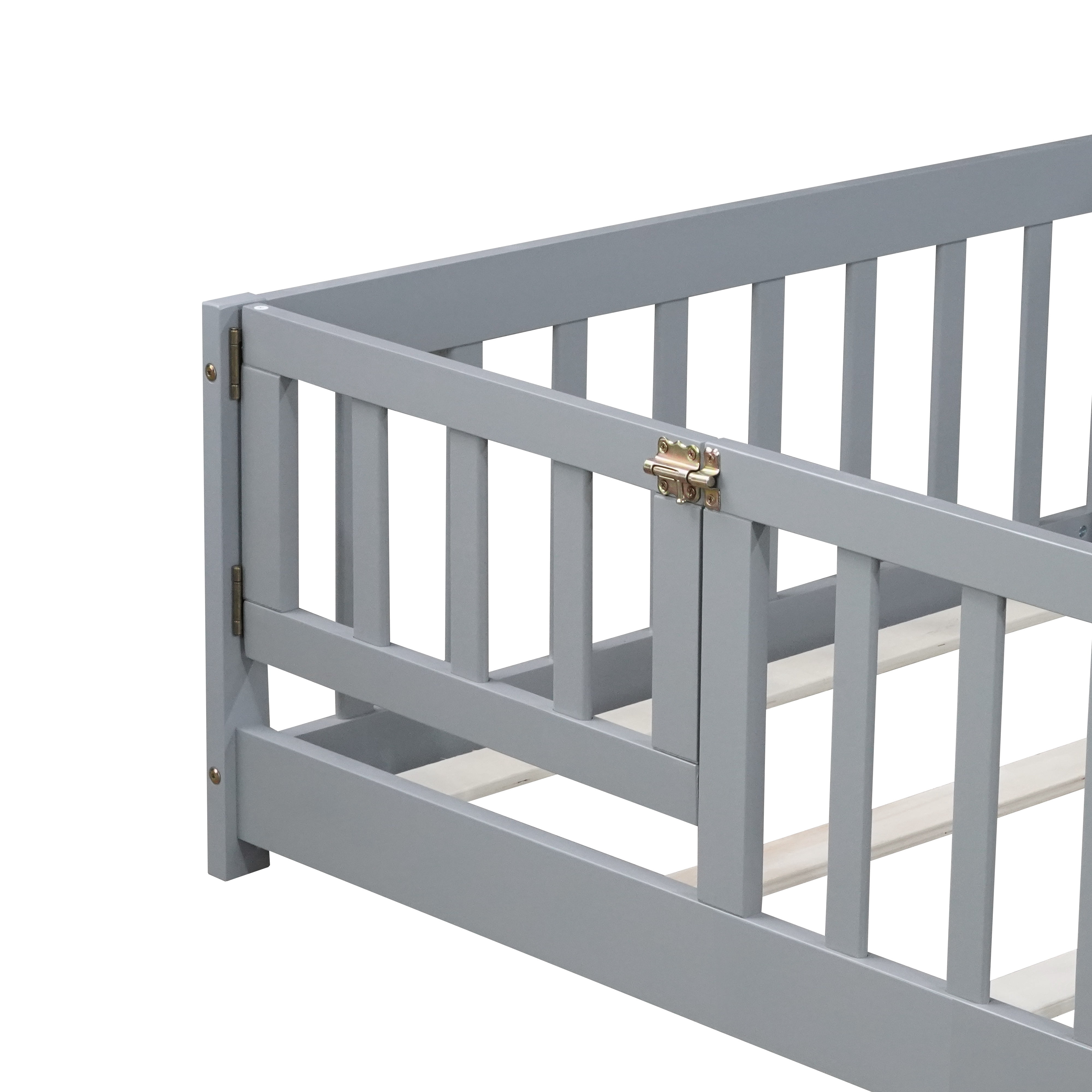 Sesslife Twin Size Floor Bed with Door and Fence, Wood Floor Platform Bed with Slats, Montessori Bed for Boys Girls, No Box Spring Needed, Grey