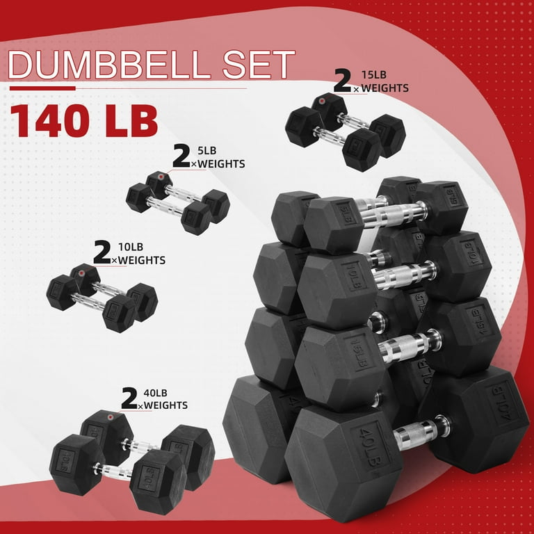 FlexWave Rubber Encased Hex Dumbbell Set – 70LB/80LB/90LB/110LB