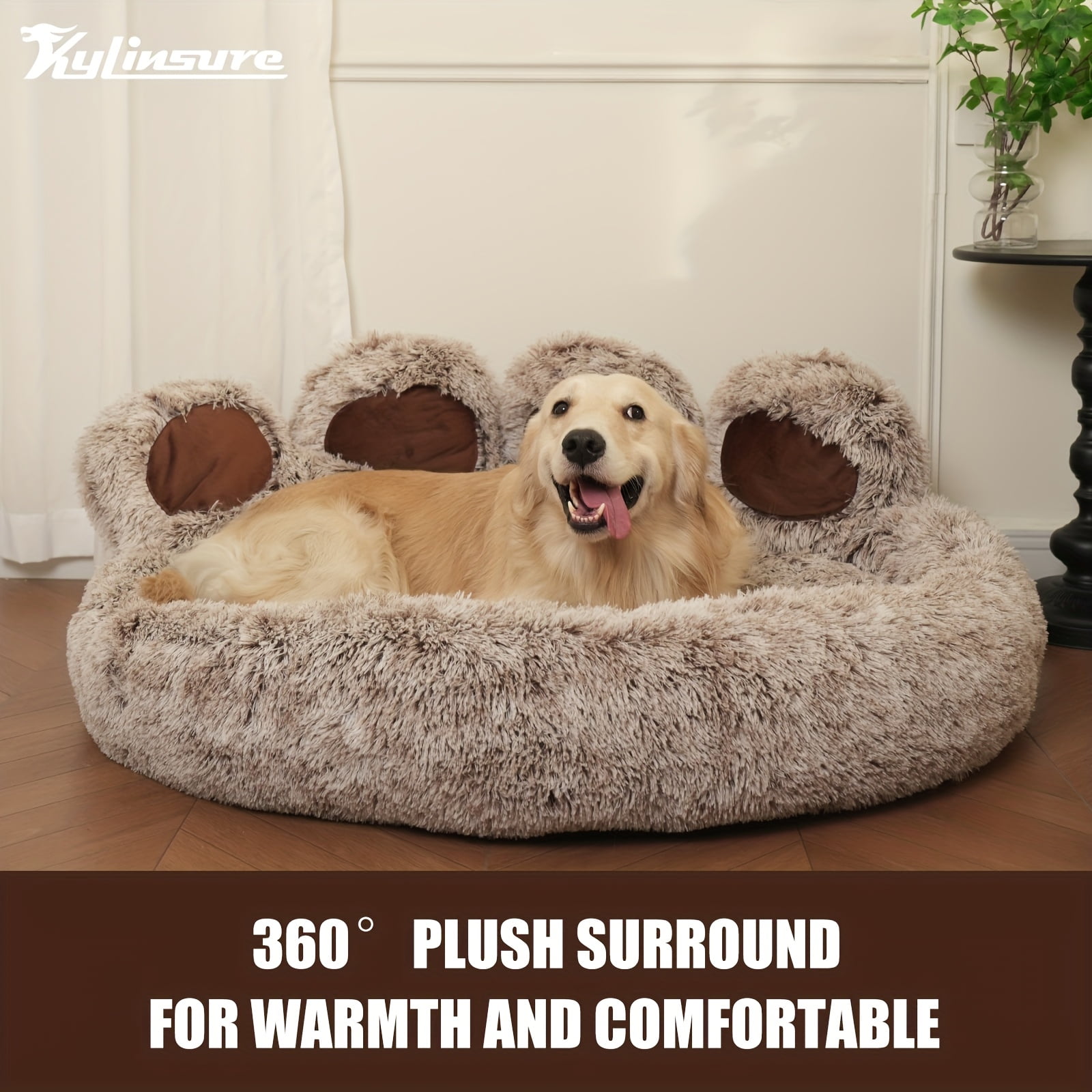 Kylinsure Paw Shape Calming Pet Bed, Plush Faux Fur Donut Bed for Dogs & Cats, Machine Washable, Non-Slip Bottom