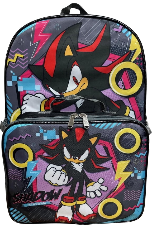 Sonic The Hedgehog 16 Inch Backpack W/Detachable Matching Lunch Box, Sonic - Shadow Kid's School Bag (Shadow)
