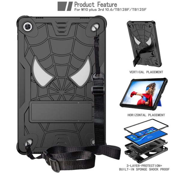 Allytech Case for Lenovo Tab M10 Plus 3rd Gen 10.6" 2022 TB-125F/128F, Rugged Case with Hidden Kickstand & Adjustable Shoulder Strap, Thickned Silicon Edges Shockproof Case - Black