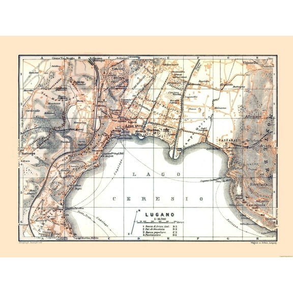 Historic Map - Lugano Switzerland - Bertarelli 1914 - 30.40 x 23 - Vintage Wall Art