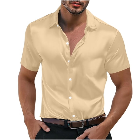 Kukoosong Men's Satin Short Sleeve Button Down Shirt, Smooth Collared Casual Dress Shirt for Summer Business