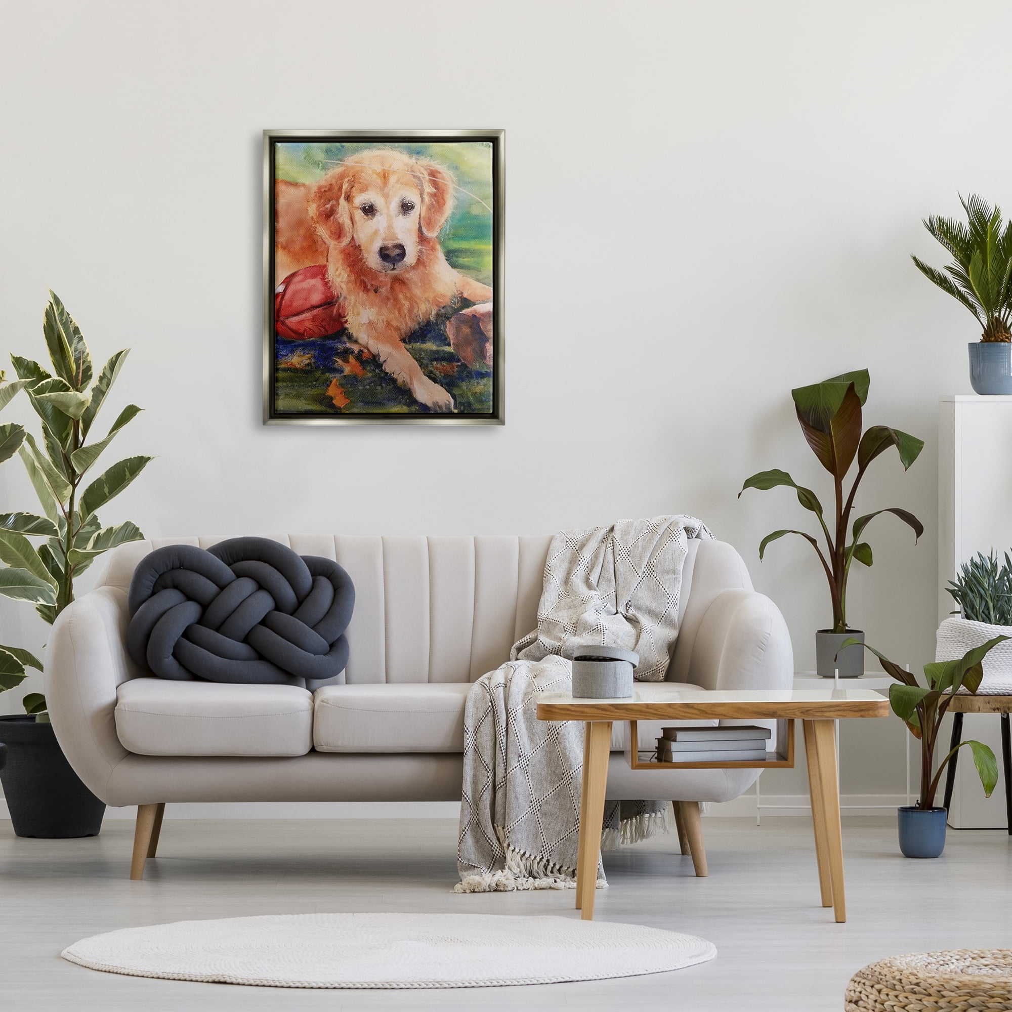 Stupell Industries Retriever Dog with Football Animals & Insects Painting Gray Floater Framed Art Print Wall Art, 25 x 31