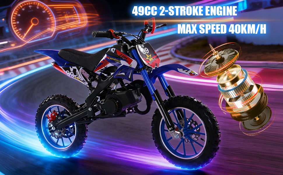 Korogimeeet 49cc 2-Stroke Blue Mini Motocross, Gas Powered Off-Road Bike, Inverted Hydraulic Shock Absorption, 10 Inch Tires, 40KM/H Max Speed, 1.8L Fuel Tank, 150kg Load, 47 x 30 Inch