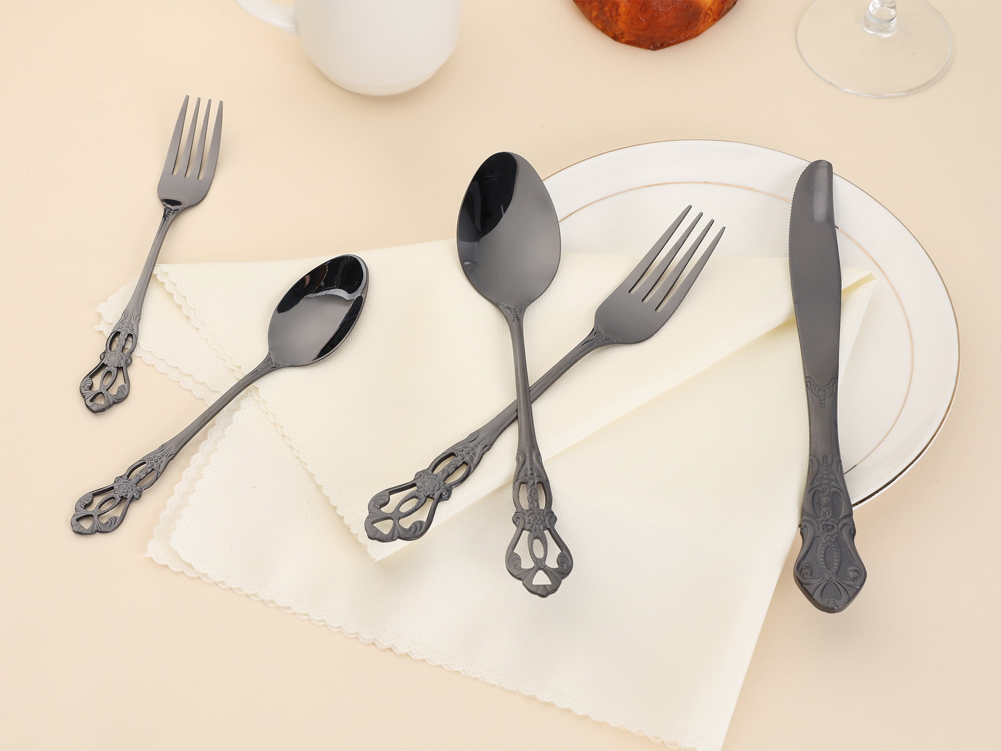 Unique Bargains 20 Piece Stainless Steel Floral Flatware Set for Kitchen Eating Tableware Black 20