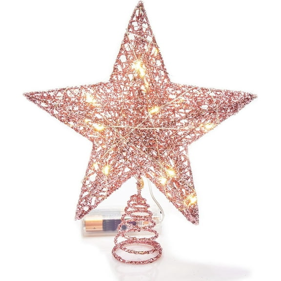 Christmas Tree Topper, 20 LEDs Xmas Glitter Hollow Star Treetop Topper for Christmas Tree Decoration,8x10 inch, Pink