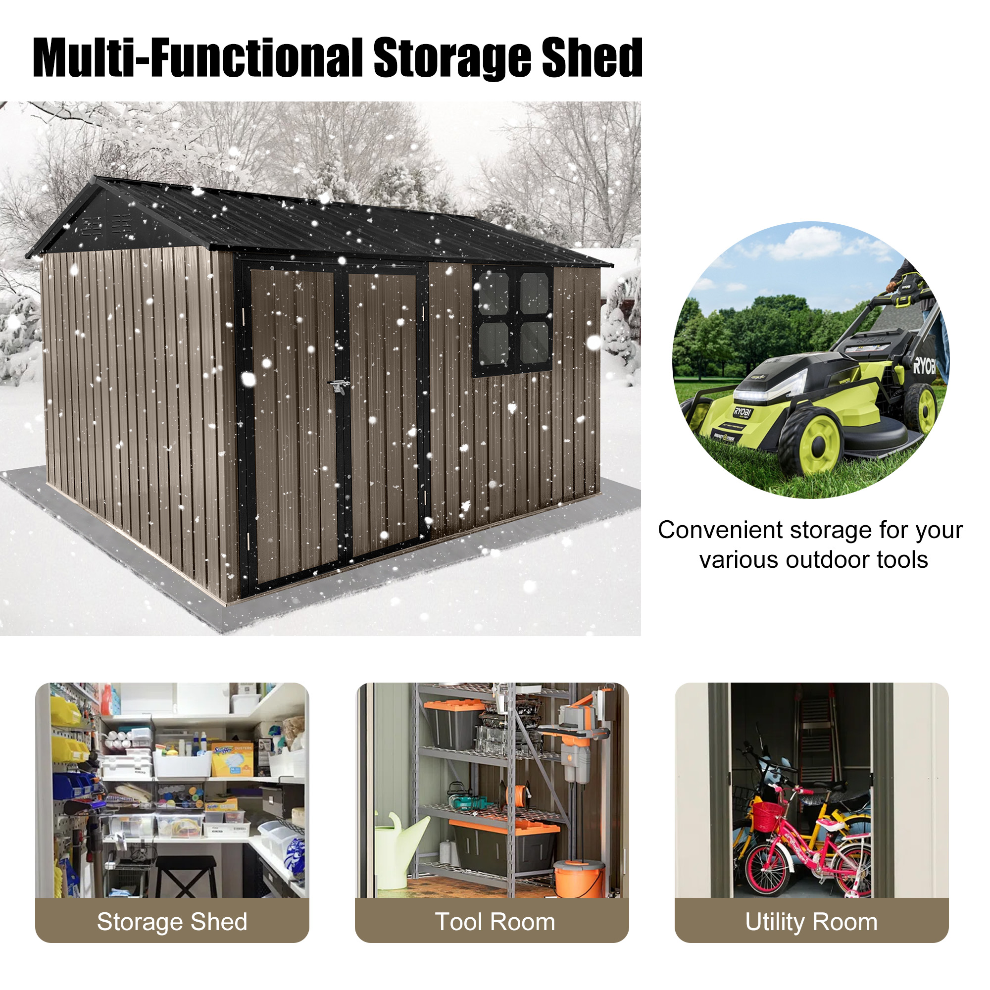 Aukfa 10FT x 8FT Outdoor Storage Shed, Metal Shed Storage with Window, Roof Slope Tool Shed with Door and Padlock for Backyards, Patio Lawns and Outdoor, Brwon