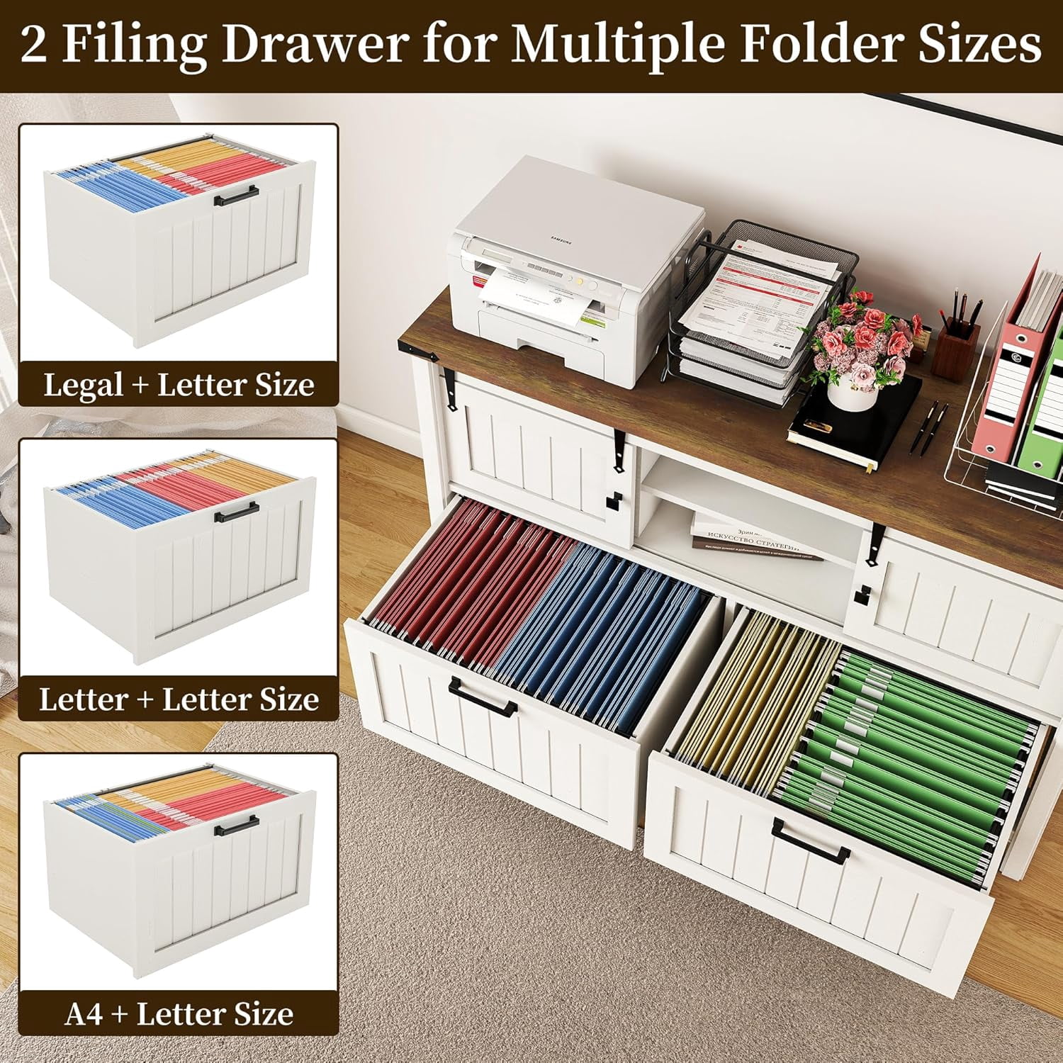 FIAKOA 3 PC Home Office Desk Set, Executive Office Desk Set with File Cabinet & Bookshelf, White