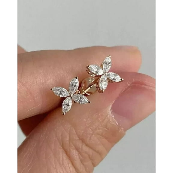 Sparkle Jewels Flower Stud Earring For Women in Marquise Cut Diamond 14K Rose Gold Plated
