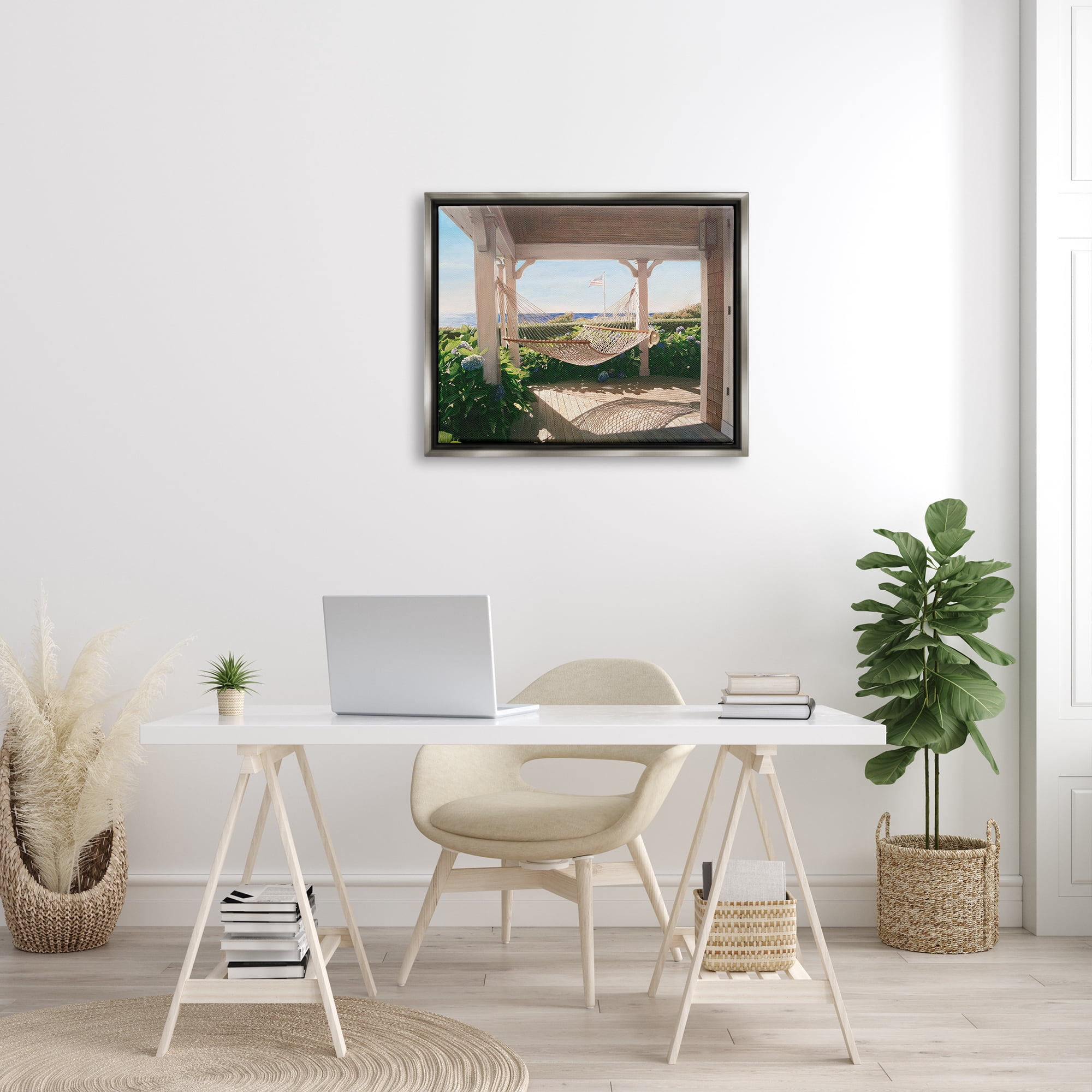 Stupell Industries Tranquil Hammock Warm Sunlit Porch Rural Garden Painting Luster Gray Floating Framed Canvas Print Wall Art, Design by Tom Mielko