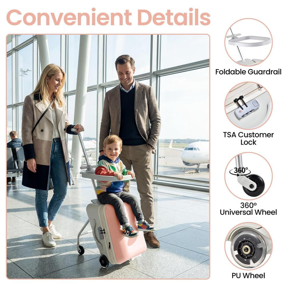 Kids Ride-on Luggage with Seat, 20 inch Carry On Suitcase, 2-in-1 Children's Luggage with Shockproof Silent Wheels and Guardrail for Airplane & Travels