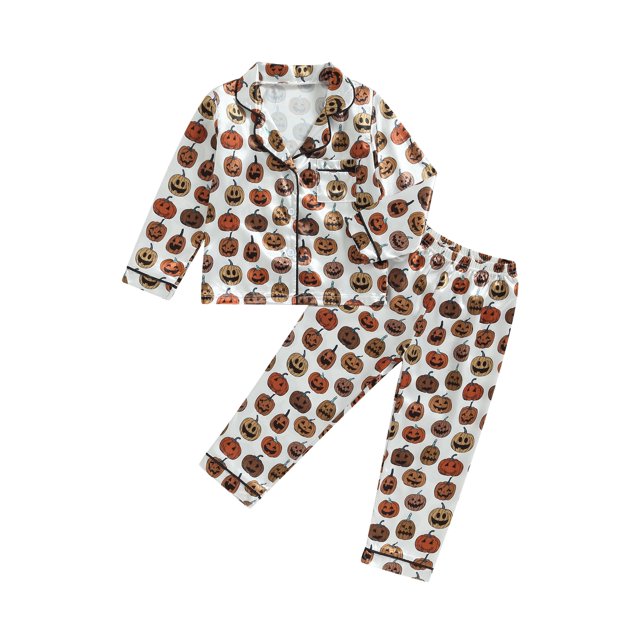 Conjunto de pijama de lino y algodón con estampado de calabaza de Halloween para bebés y niños pequeños, pijama de manga larga con botones y cuello halter.
