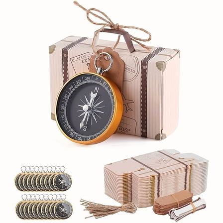 20PCS Vintage Mini Suitcase Favor Boxes with Compass, Ribbon, Tags, Kraft Paper Travel Theme Gift Boxes for Wedding Party Favors, Baby Shower, Birthday, Bridal Shower, Adventure Candy Boxes