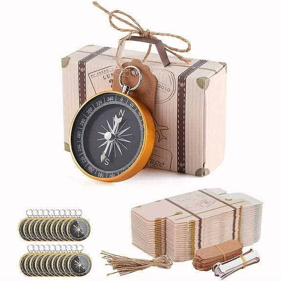 20PCS Vintage Mini Suitcase Favor Boxes with Compass, Ribbon, Tags, Kraft Paper Travel Theme Gift Boxes for Wedding Party Favors, Baby Shower, Birthday, Bridal Shower, Adventure Candy Boxes