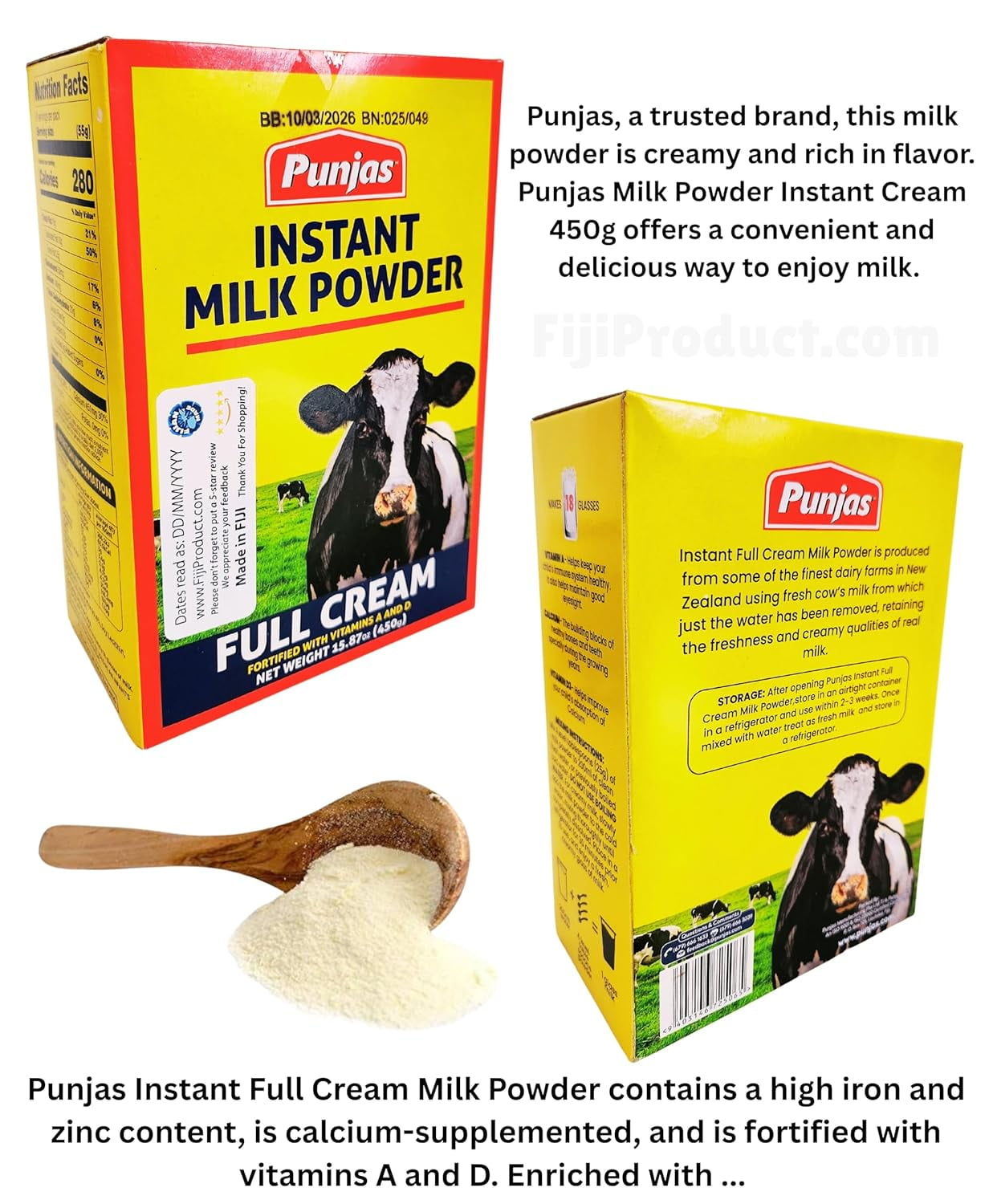 Premium Whole Full Cream Instant Dry Milk Powder - Baking, Indian Sweets, Cooking, Drinks - Pasteurized, Non-GMO, Gluten-Free (Pack of 2 x 450g Box) Imported from FIJI 𝗡𝗮𝘁𝘂𝗿𝗮𝗹 𝗚𝗼𝗼𝗱𝗻𝗲𝘀𝘀