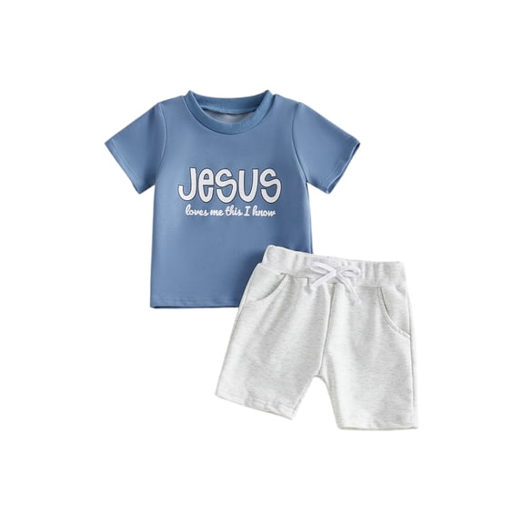 BemeyourBBs Jesus Love Me Toddler Baby Boys Easter Outfit Cute Summer Clothes Short Sleeve Letters Printed T Shirt Tops Shorts Set 2Pcs Baby Christening Clothes