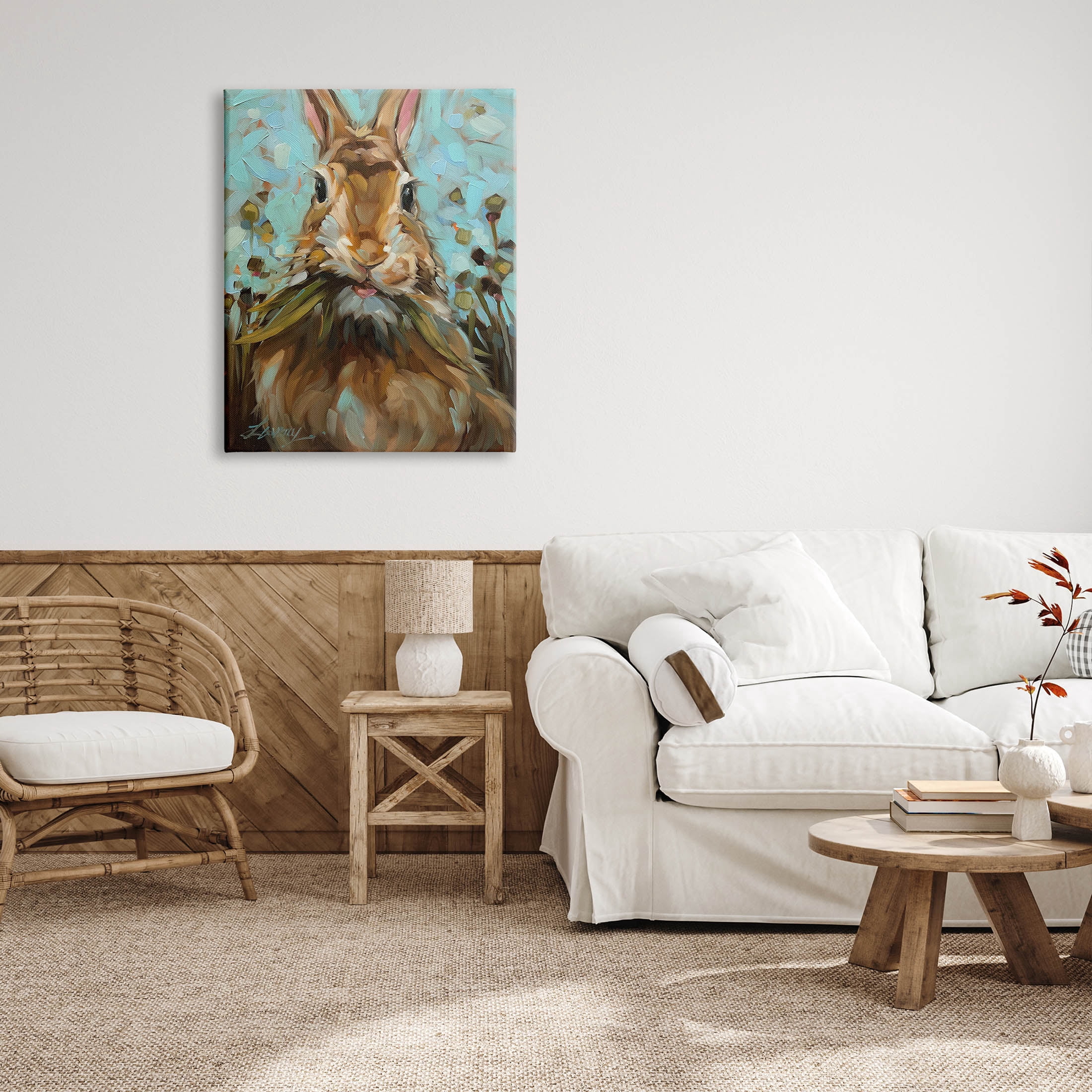 Wildlife Rabbit Eating Grass Animals & Insects Painting Gallery Wrapped Canvas Print Wall Art