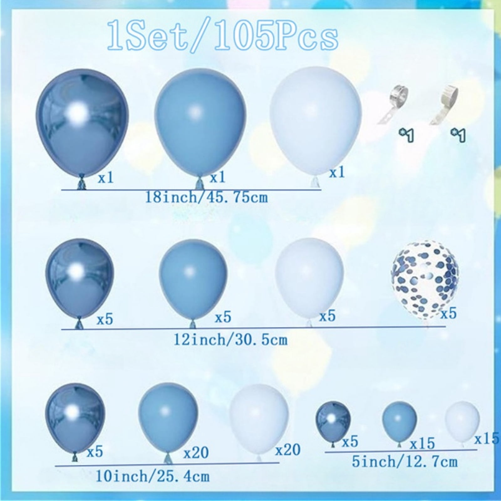 105pcs Blue Balloon Garland Arch Kit, Different Sizes 18 12 10 5 inch Latex Metallic Confetti Blue Balloons for Boys Birthday Baby Shower Ocean Theme Party Anniversary Decoration Supplies