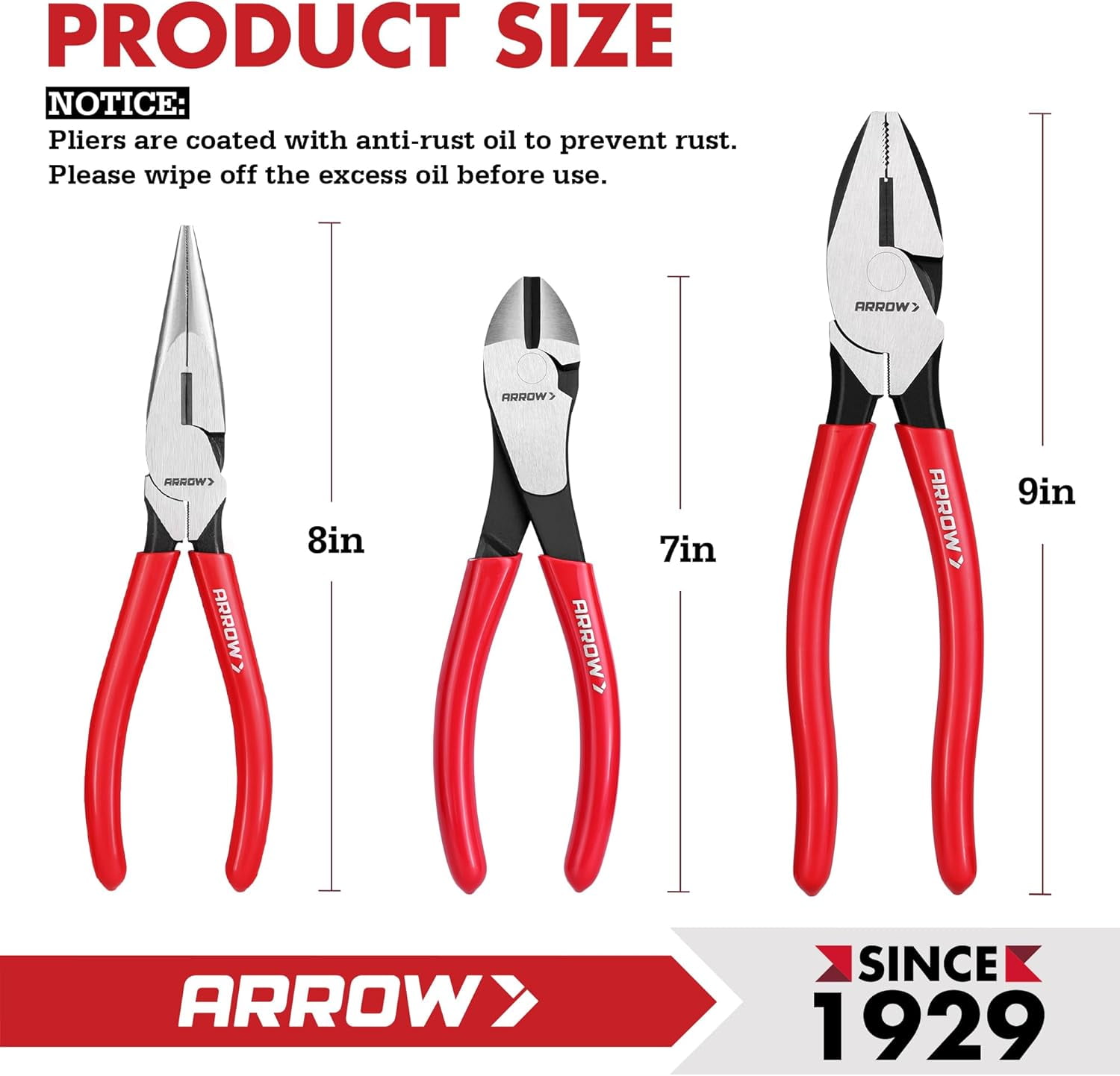 3PCS Set, 8" Needle Nose , 7" Diagonal Plier, 8" Linesman with Non-slip Handle, Premium Carbon Steel, High Leverage Design