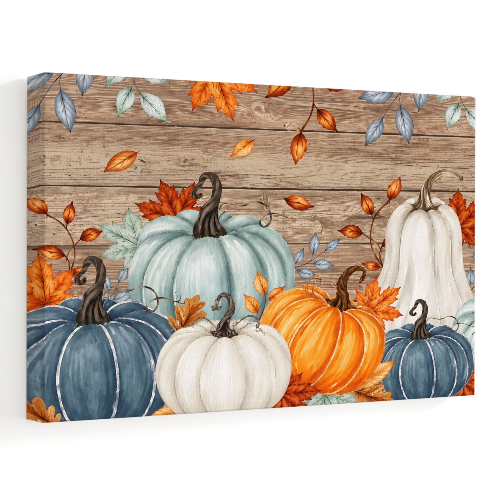 Blue Green Pumpkins Canvas Wall Art Thanksgiving Orange Beige Pumpkin Wood Grain Wall Art Prints Artwork Framed Canvas Ready to Hang Art Pictures for Living Dining Room Bedroom Hallway 24 x 18