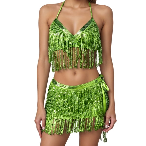 DHFJKG Skirt Set Women 2 Piece Outfits Latin Tango Halter Sparkly Sequin Tassels V Neck Side Tie Crop Top Mini Skirts Party Dance Wear Versatile Outfit