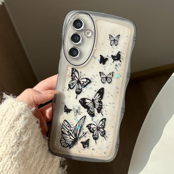Butterfly Case For Samsung Galaxy A13 5G, Cute Aesthetic Wavy Curly Frame, Glitter Bling Sparkle Clear Rubber Cover, Shockproof Protective Hybrid Soft TPU Slim Shell for Women Girls,Black