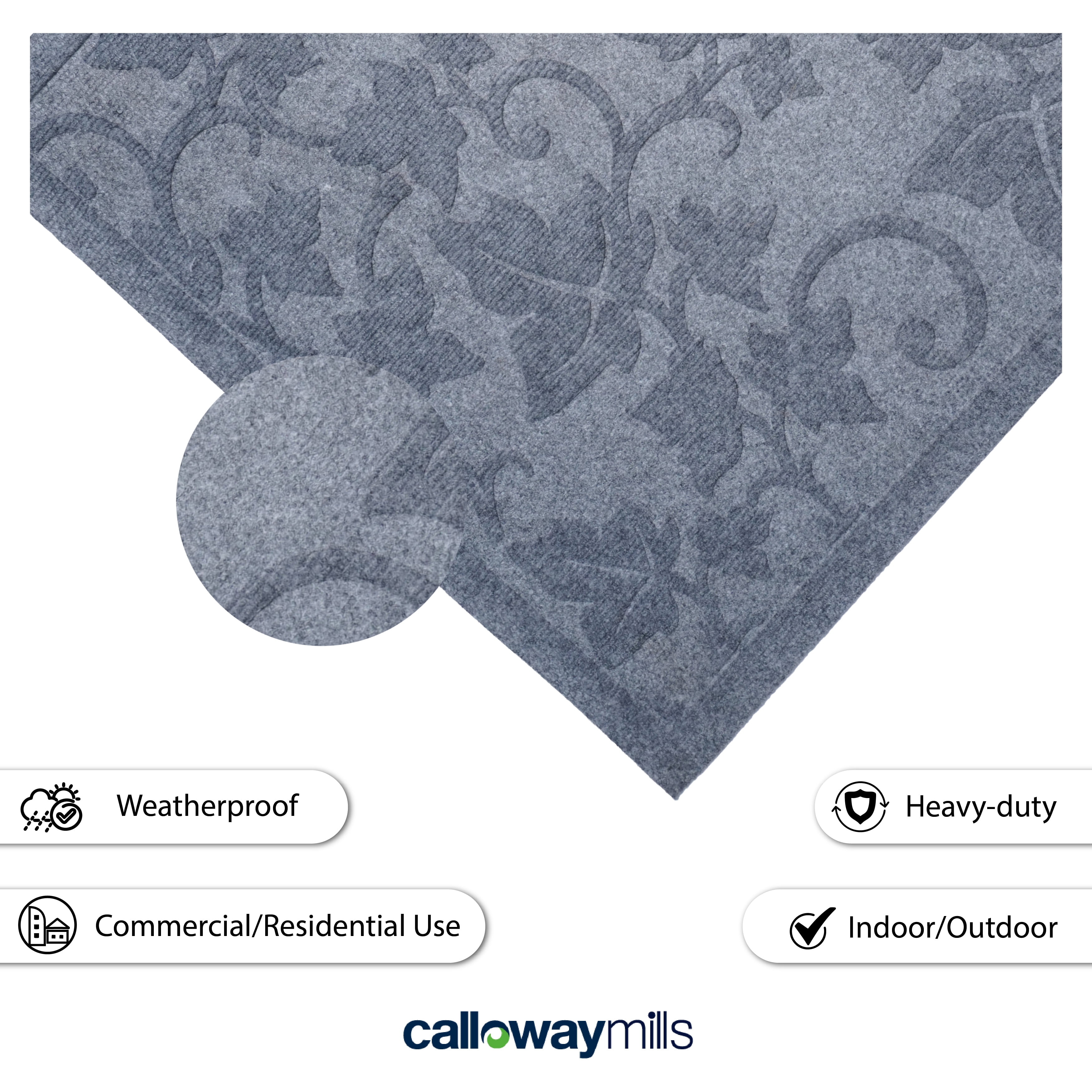 Poly Vine Leaves Indoor/Outdoor Mat, 24" x 36", Light Grey