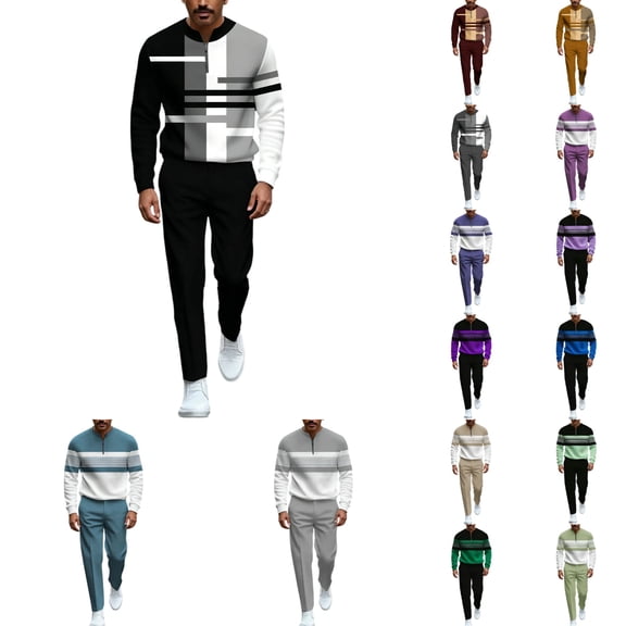 VeFlora Men's 2-piece Casual Wear Long Sleeved Shirt Pants Color Blocked Round Neck Sportswear Jogging two-piece Set(Black/S)