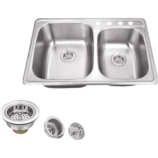 Magnus Sinks 33-1/4-in x 22-1/4-in 20 Gauge Stainless Steel Drop-In 60/40 Double Bowl Kitchen Sink and Drain Assemblies