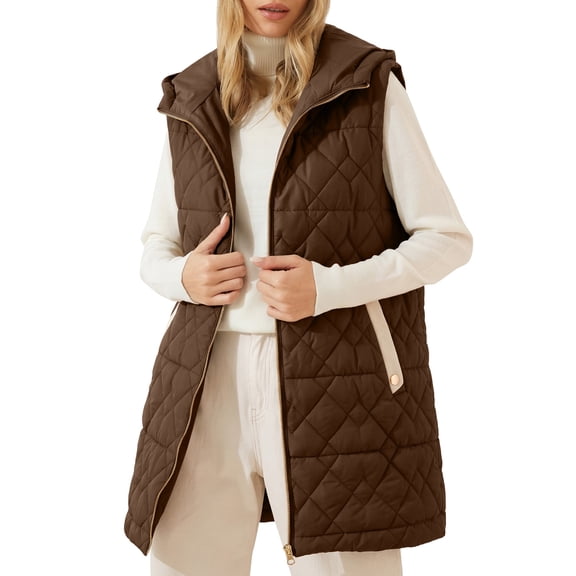 SHEWIN Womens Puffer Vest Full Zipper Hooded Long Quilted Jackets Sleeveless Winter Warm Coat Outerwear