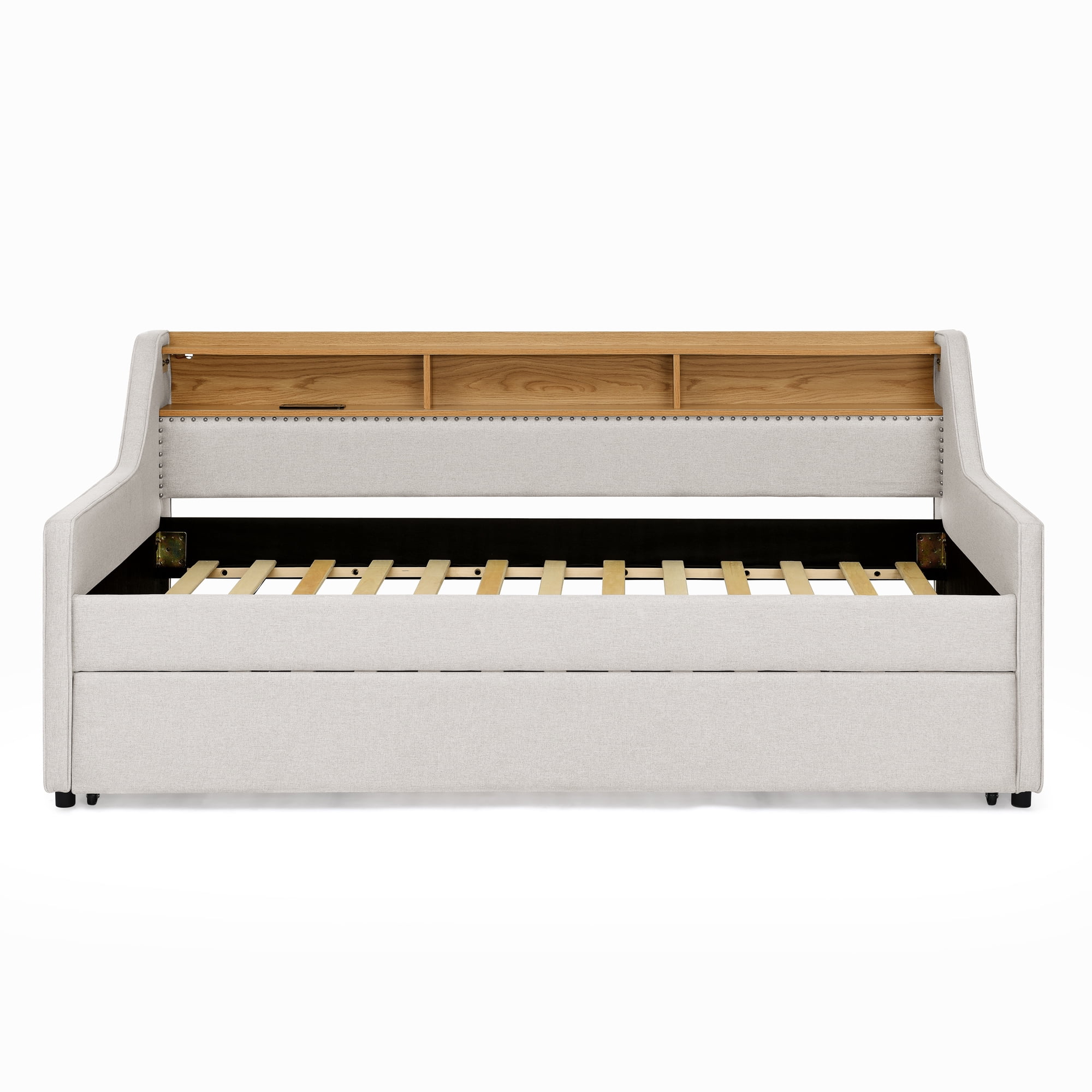 Leumius Twin Size Upholstered Daybed with Trundle,Comfy Sofa Bed with LED Lights,Wireless Charging,Storage Adjustable Headboard,Beige