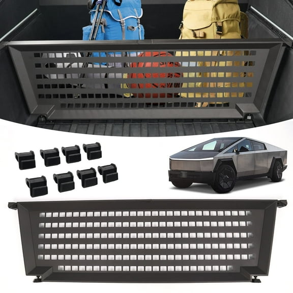 Truck Bed Divider Compatible with 2024 2025 Tesla Cybertruck, Rear Cargo Aluminum Organizer Carbon Steel Molle Panel with 8 Removable Hooks, No Drill Installation & Adjustable Partitions