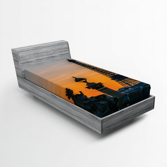 Ambesonne Paris Fitted Sheet, Historic Sunset Sky Scenery, Twin Size, Orange and Blue