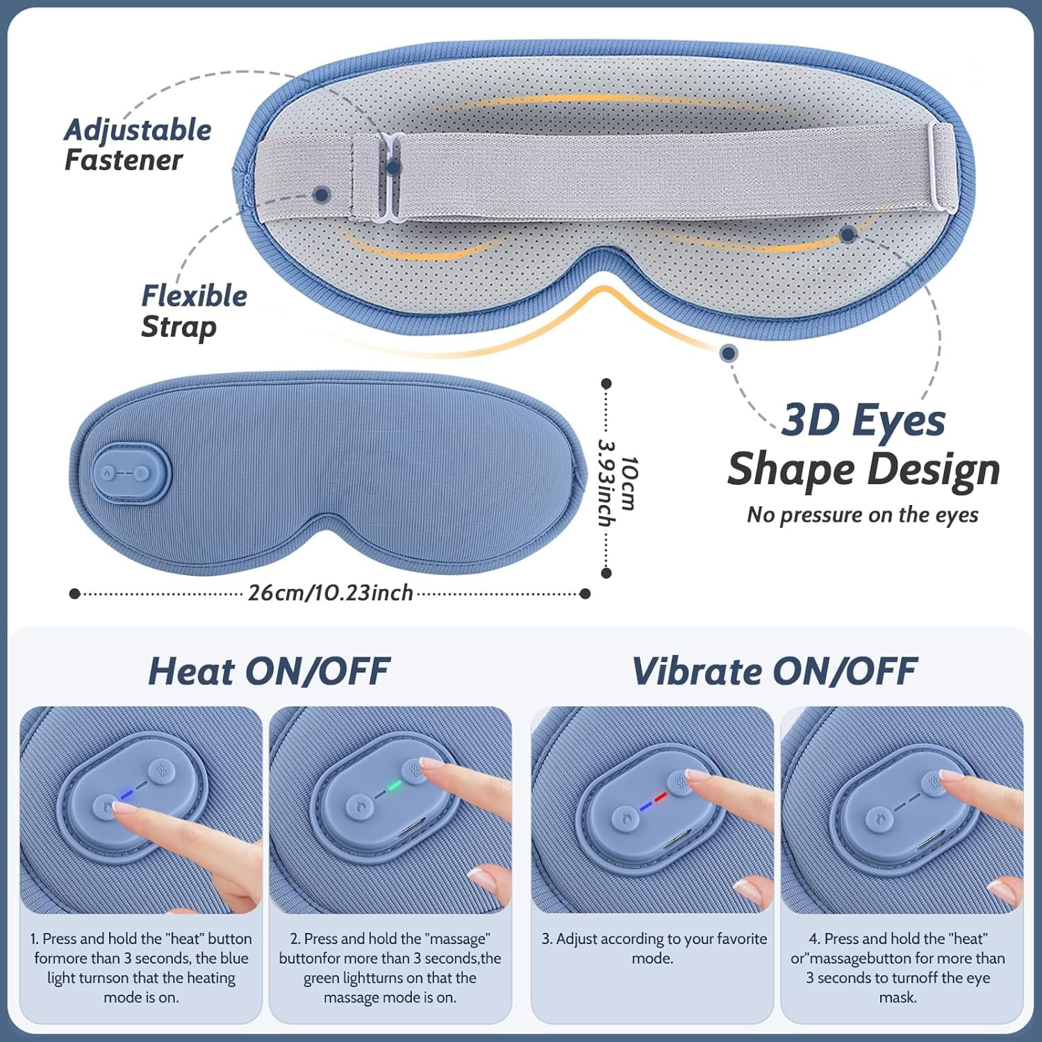 Heated Massage Eye Mask, Heating Sleeping Eye Mask with 3 Level Heating, 5 Vibration Modes, 4 Massage Points, 30min Auto Off for Relax Eye Strain, Blue