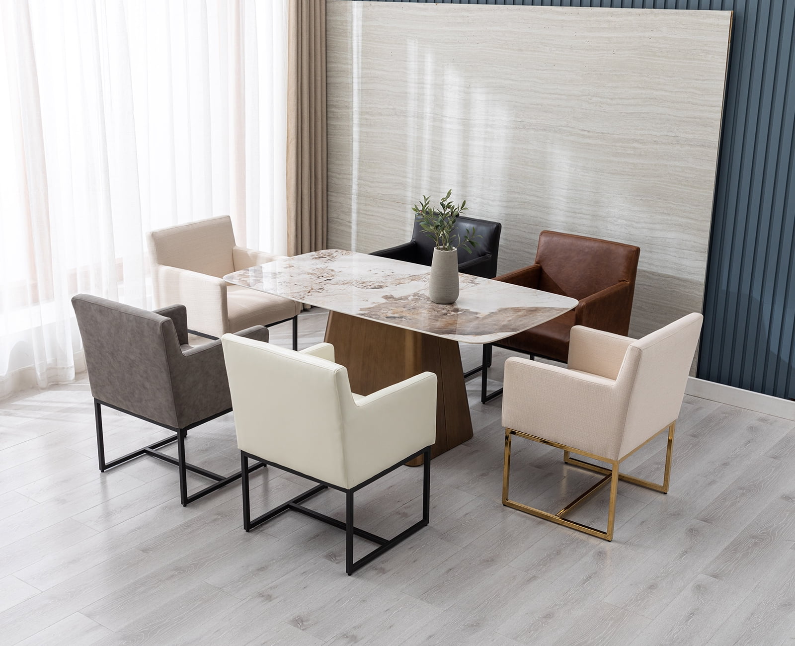 Guyou Modern Linen Upholstered Dining Chairs Set of 2, Kitchen Chairs with Arm and Black Finish Metal Frame, Accent Armchair with back for Living Room Dining Room Bedroom Reception Room, Cream
