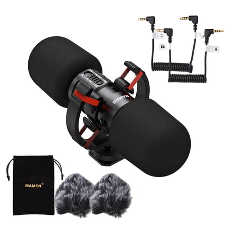MAMEN MIC-08 Pro Mini On-camera Microphone Two-way Pickup Metal Mic Super Cardioid Intelligent Noise Reduction Real-time Headphone Monitoring 3.5mm Plug-and-Play with Metal Shock Mount for S