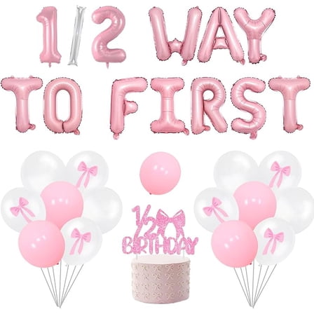 Pink Bow Half Birthday Decorations 1/2 Way to First Ballloon Banner Glitter Pink Bow Cake Topper Latex Balloons for Girls 6 Months Birthday Party Decor Supplies