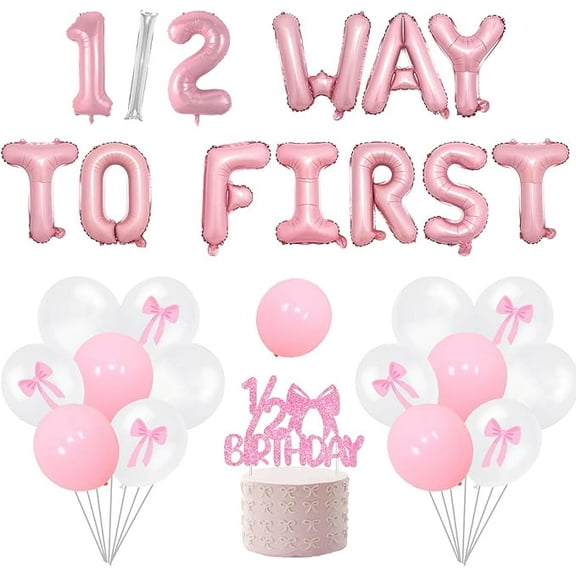 Pink Bow Half Birthday Decorations 1/2 Way to First Ballloon Banner Glitter Pink Bow Cake Topper Latex Balloons for Girls 6 Months Birthday Party Decor Supplies